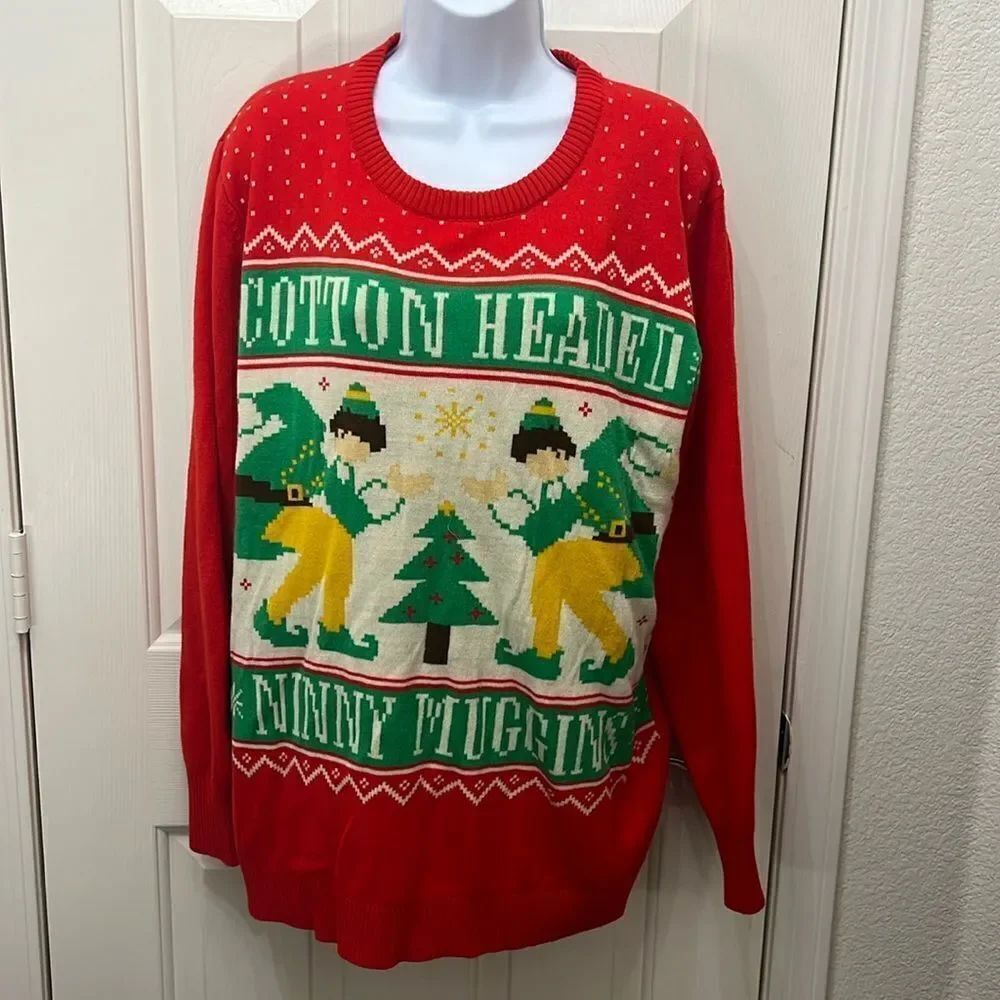 Elf Ugly Christmas Holiday Sweater XLarge Red Green Tree Crew Neck Long Sleeve